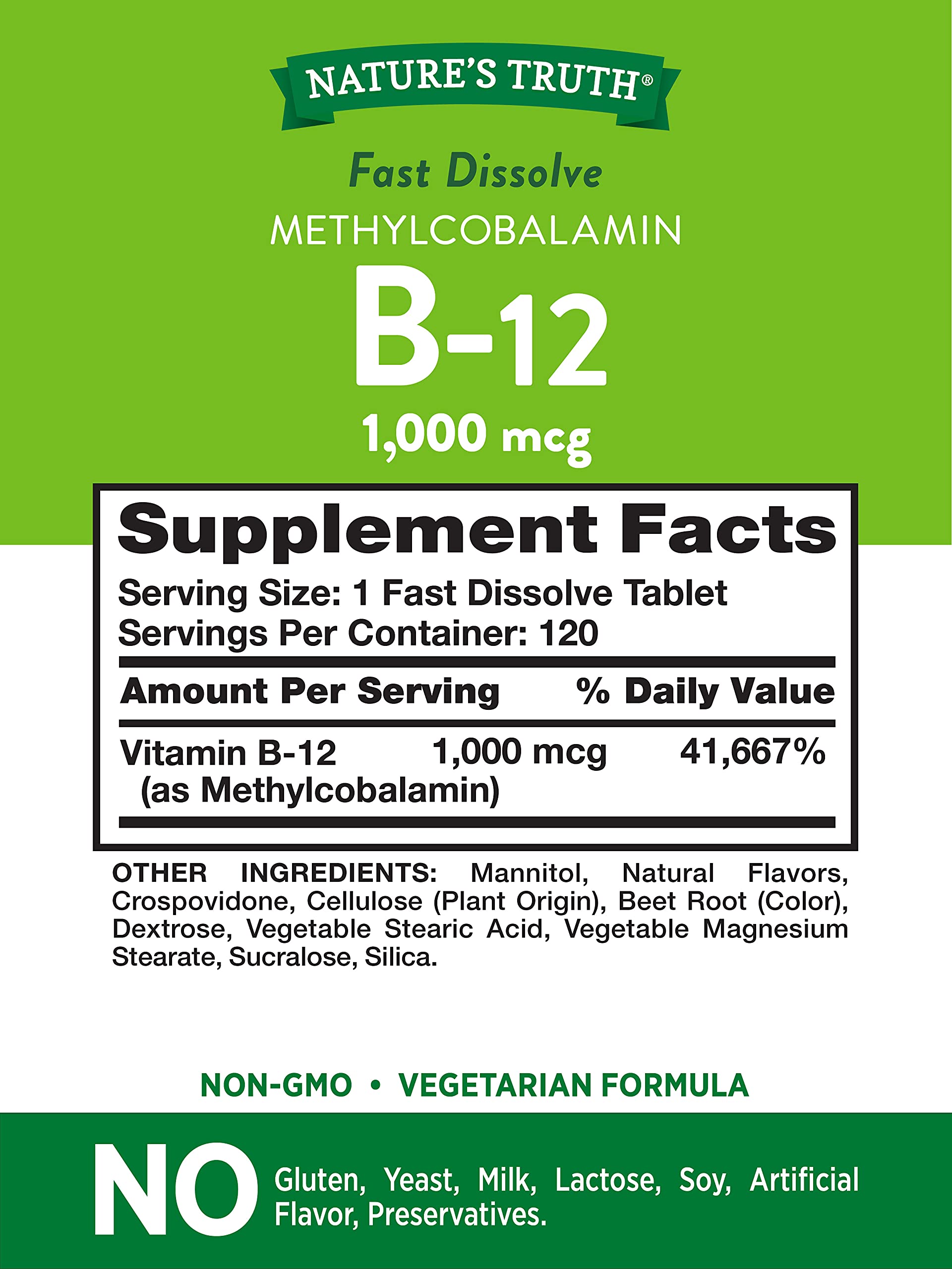 B12 Vitamin Sublingual Tablets | 1000 mcg | 120 Count | Vegetarian, Non-GMO & Gluten Free | Nature's Truth