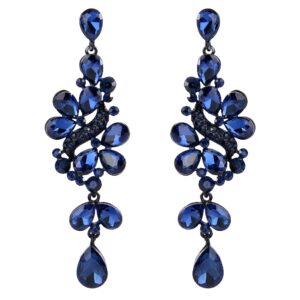 BriLove Wedding Bridal Dangle Earrings for Women Victorian Style Crystal Cluster Teardrop Leaves Dangle Earrings Navy Blue Sapphire Color Black-Silver-Tone