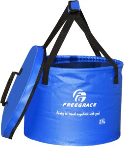 premium collapsible bucket by freegrace - compact portable folding water container - lightweight & durable - includes handy tool mesh pocket (navy blue(upgraded), 23l (lid))