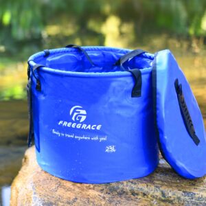 Premium Collapsible Bucket by Freegrace - Compact Portable Folding Water Container - Lightweight & Durable - Includes Handy Tool Mesh Pocket (Navy Blue(Upgraded), 23L (Lid))