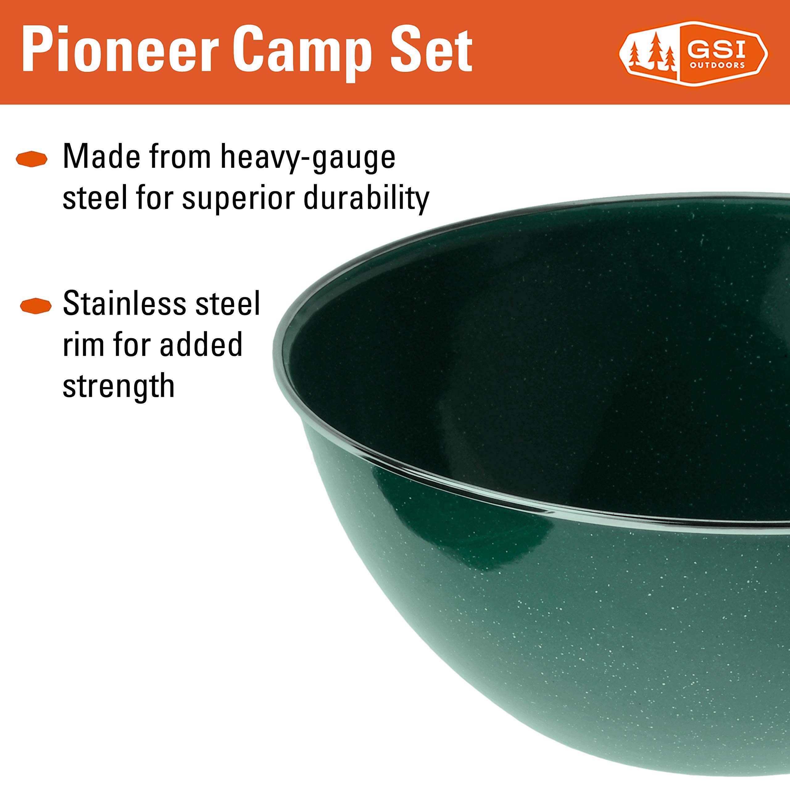 GSI Outdoors Camp Dinnerware Set I 4-Person Set Includes Pioneer Enamel Percolator, Frypan, Kettle, Bowls, Plates & Coffee Mugs