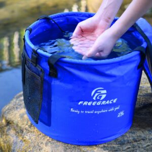 Premium Collapsible Bucket by Freegrace - Compact Portable Folding Water Container - Lightweight & Durable - Includes Handy Tool Mesh Pocket (Navy Blue(Upgraded), 23L (Lid))