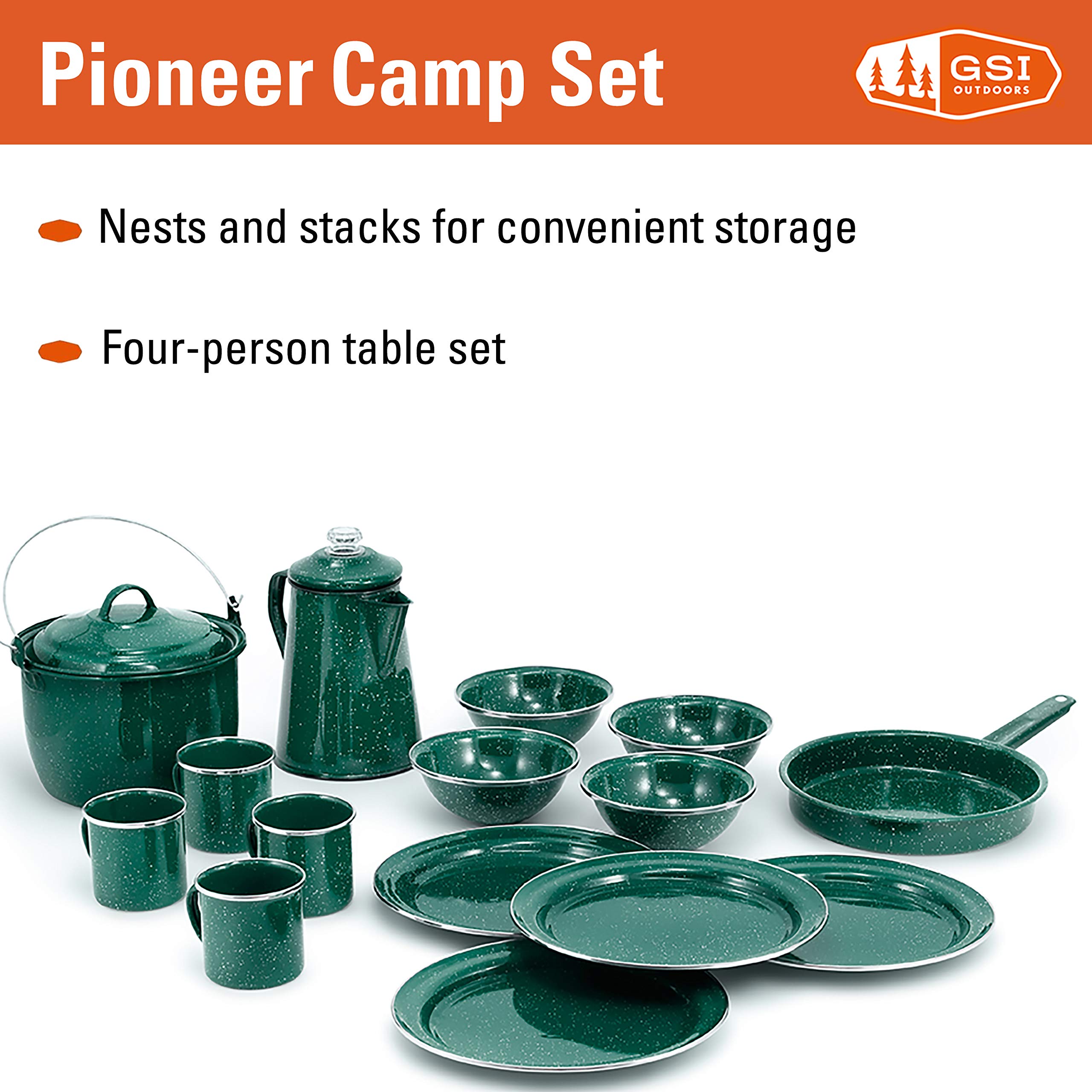 GSI Outdoors Camp Dinnerware Set I 4-Person Set Includes Pioneer Enamel Percolator, Frypan, Kettle, Bowls, Plates & Coffee Mugs