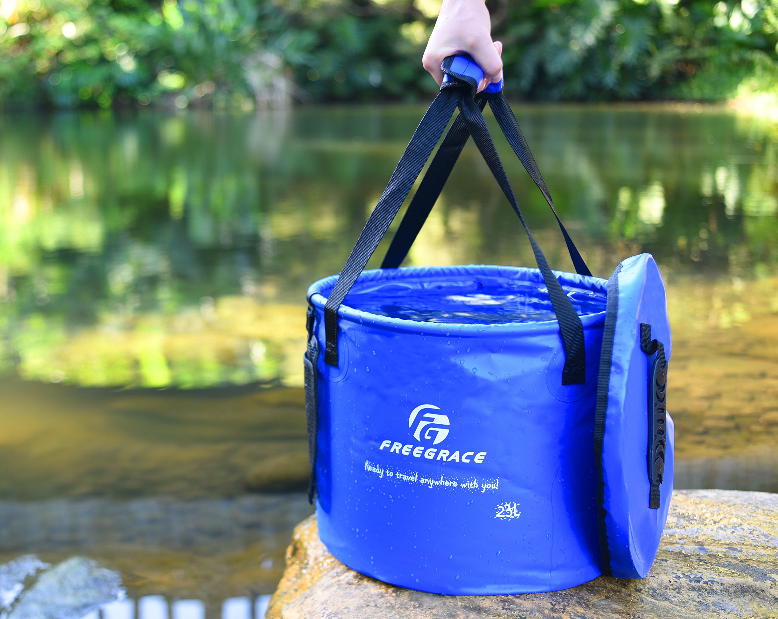 Premium Collapsible Bucket by Freegrace - Compact Portable Folding Water Container - Lightweight & Durable - Includes Handy Tool Mesh Pocket (Navy Blue(Upgraded), 23L (Lid))