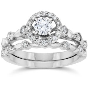 1/2ct halo diamond engagement wedding ring set 14k white gold - size 10