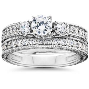 1 1/4Ct Vintage Diamond Engagement Wedding Ring Set 14K White Gold - Size 5