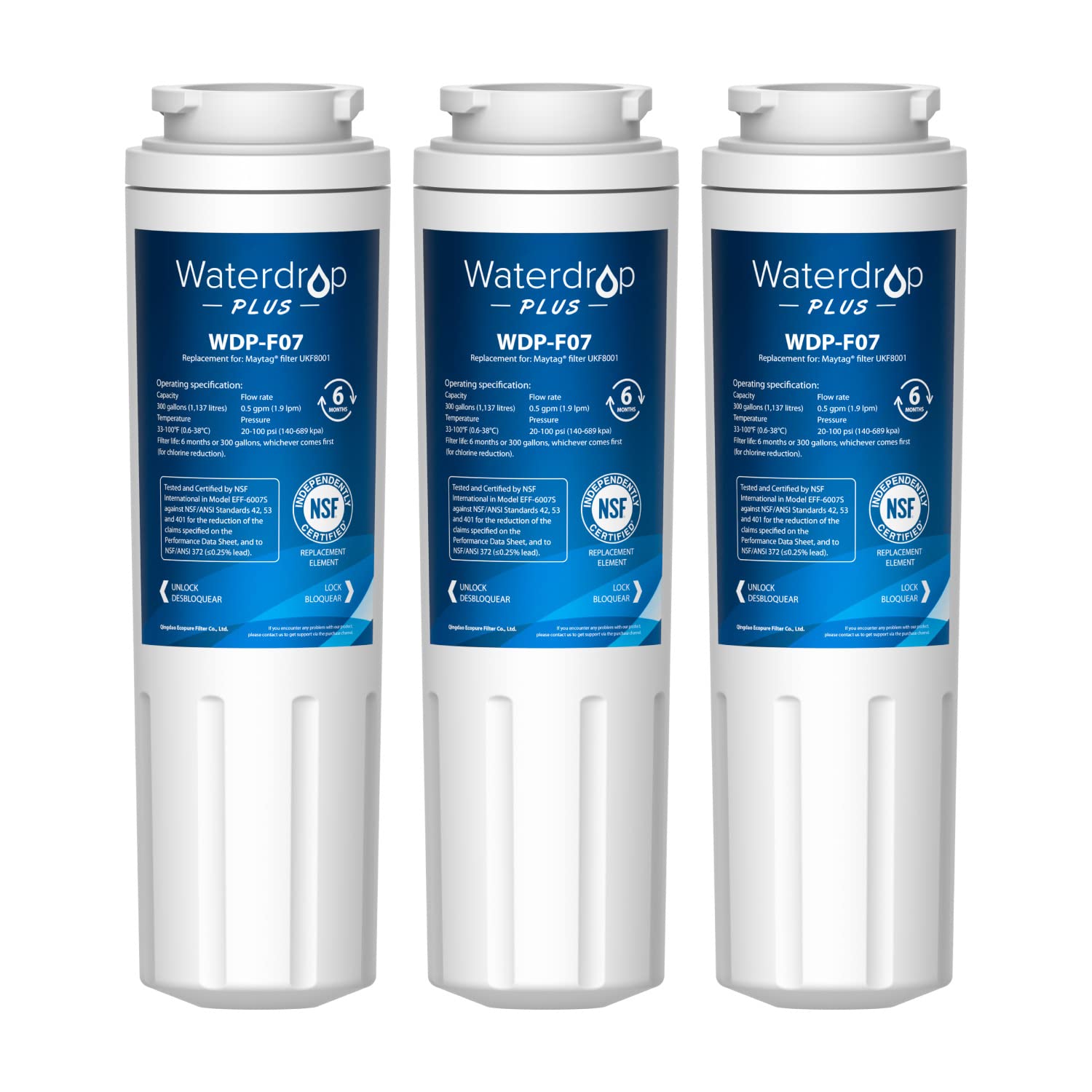 Waterdrop Plus UKF8001 NSF 401, 53 Certified Refrigerator Water Filter, 𝐑𝐞𝐝𝐮𝐜𝐞 𝐏𝐅𝐀𝐒, Replacement for Whirlpool® Everydrop® Filter 4, EDR4RXD1, Maytag UKF8001AXX, 3 Filters (Package May Vary)