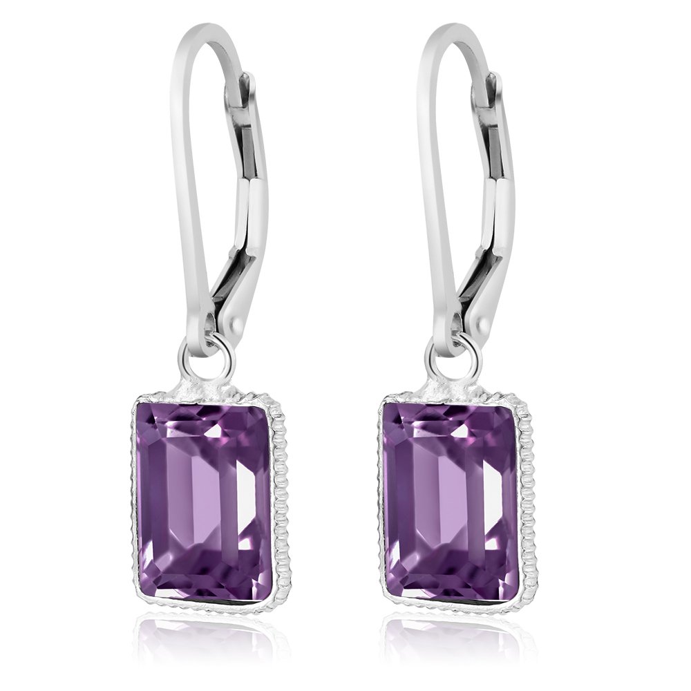 Gem Stone King 5.00 Cttw 925 Sterling Silver Purple Amethyst Earrings | Gemstone Birthstone | Emerald Cut 10X8MM | Drop Dangle Earrings for Women