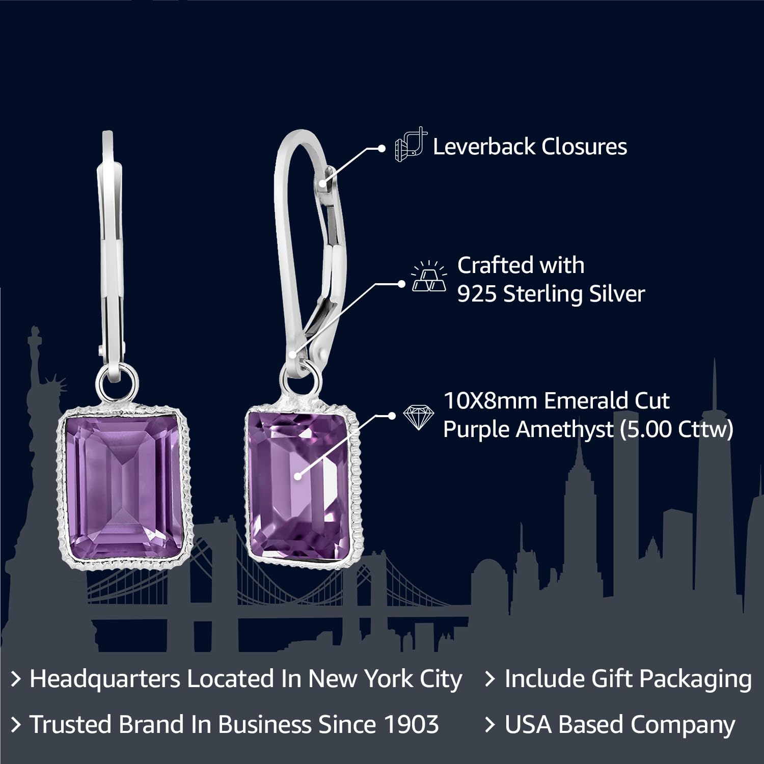 Gem Stone King 5.00 Cttw 925 Sterling Silver Purple Amethyst Earrings | Gemstone Birthstone | Emerald Cut 10X8MM | Drop Dangle Earrings for Women