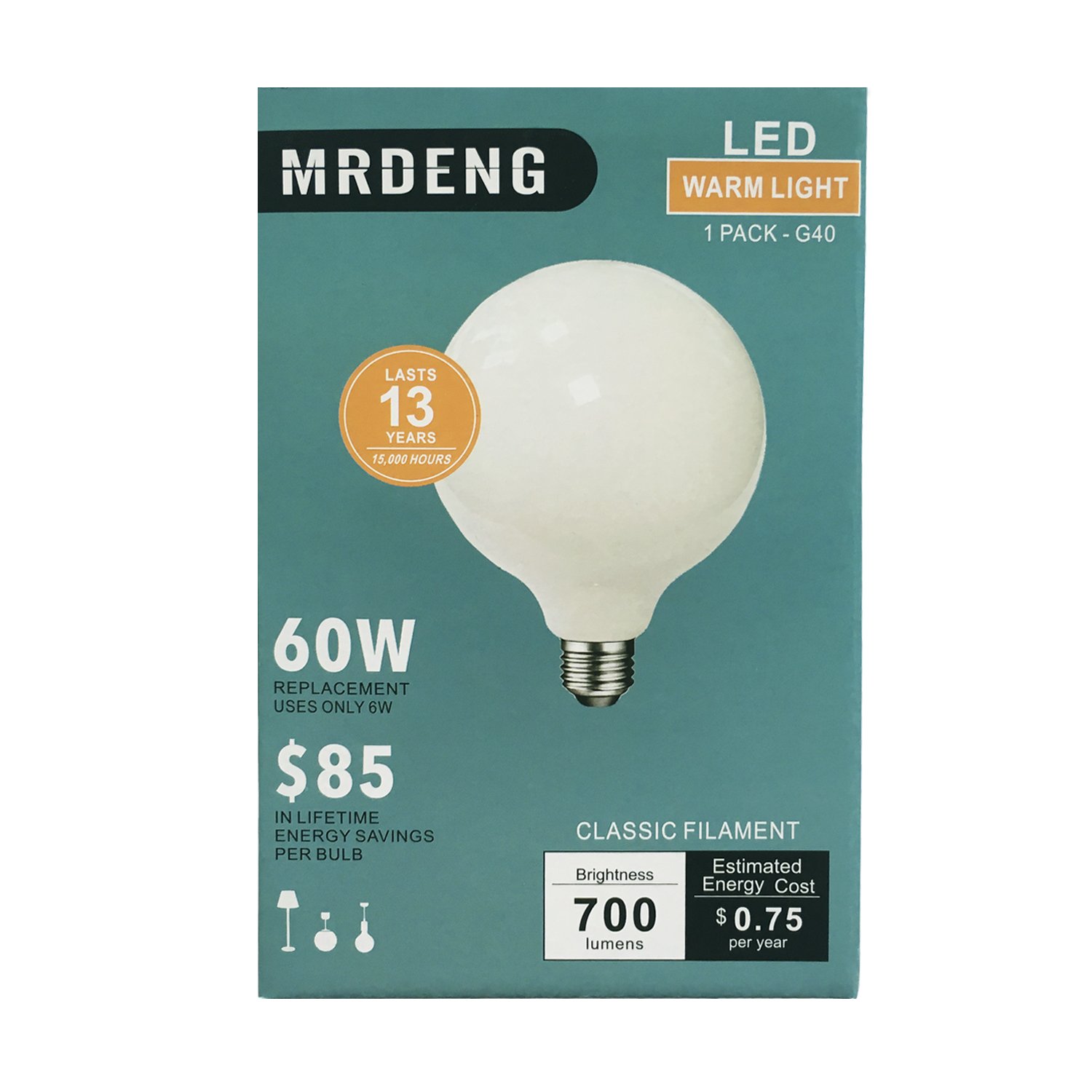 MRDENG Globe Light Bulbs 60 Watt Replacement for Decorative,E26 Dimmable Soft White Large G40(G125) 6Watt(60Watt Equivalent) LED Bulb,2700K(Warm) Pack of 1