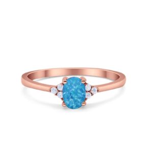 Rose Tone, Lab Created Blue Opal CZ Size-11 Oval Cut Wedding Engagement Ring Round Simulated Cubic Zirconia 925 Sterling Silver