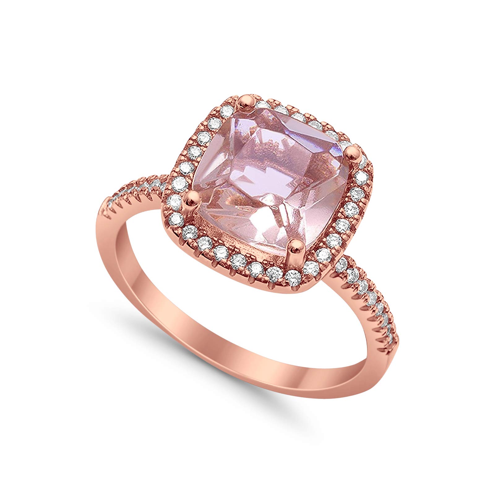 Blue Apple Co. Sterling Silver Halo Solitaire Ring Rose Tone Rhodium PL Cushion Cut Simulated Morganite Clear CZ accent