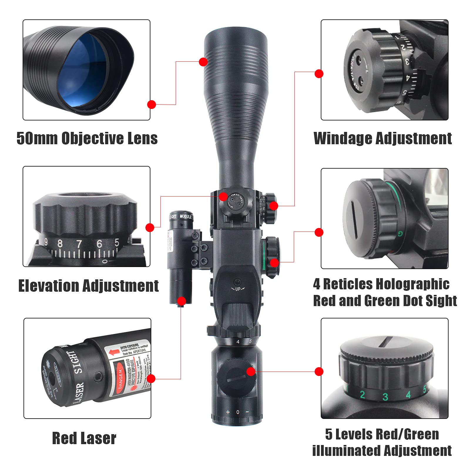 UUQ C4-12X50 Rifle Scope Dual Illuminated Reticle W/Laser Sight and Holographic Dot Reflex Sight (Red Laser)