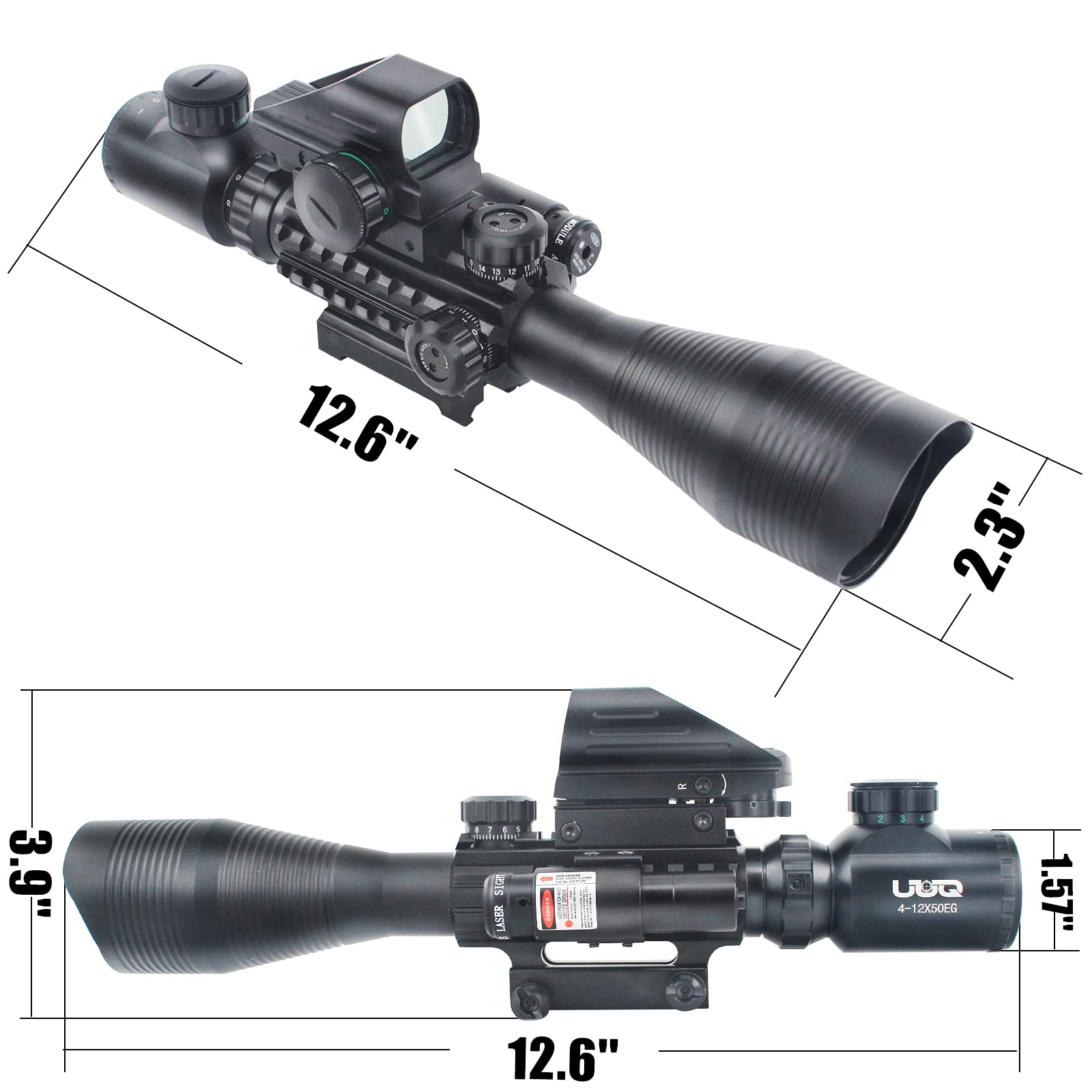 UUQ C4-12X50 Rifle Scope Dual Illuminated Reticle W/Laser Sight and Holographic Dot Reflex Sight (Red Laser)