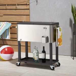 TRINITY Stainless Steel Beverage Cooler and Ice Chest with Wheels and Protective Cover, Rolling Cart with Shelf for Patio, Outdoor Bar, Catering, and Restaurants, 80 Quart Capacity