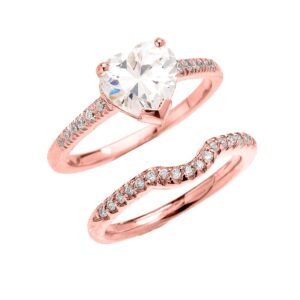 10k rose gold dainty heart shape cubic zirconia solitaire wedding ring set(size 7.5)