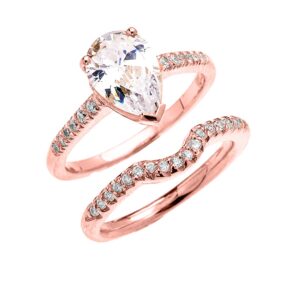 10K Rose Gold Pear Shaped Cubic Zirconia Engagement Ring and Matching Contour Wedding Band Bridal Set - Size 10