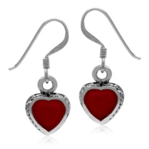 silvershake heart shape created red coral inlay 925 sterling silver dangle hook earrings