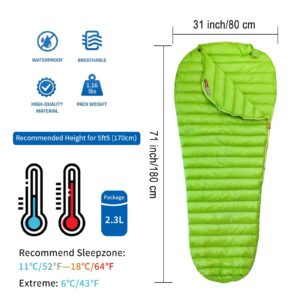 AEGISMAX Camping Sleeping Bag,Warm Weather 52℉- Goose Down Sleeping Bag,Portable Urltra-Light Mummy Sleeping,Outdoor Hiking for Adults Backpacking with Compression Bags(Green,Medium)