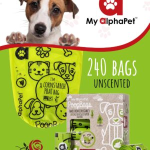 My AlphaPet Compostable Dog Poop Bags, Cornstarch Eco-Friendly, HOME COMPOST NF T 51-800, 240 Count, Large Size Bag 9x13 Inches, 16 Unscented Refill Rolls, Leak-proof, Plantbased, GM-Free Corn (Green)