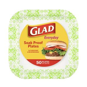 glad tabletop square disposable paper plates for all occasions | soak proof, cut proof, microwaveable heavy duty disposable plates | 50 count (pack of 1),green