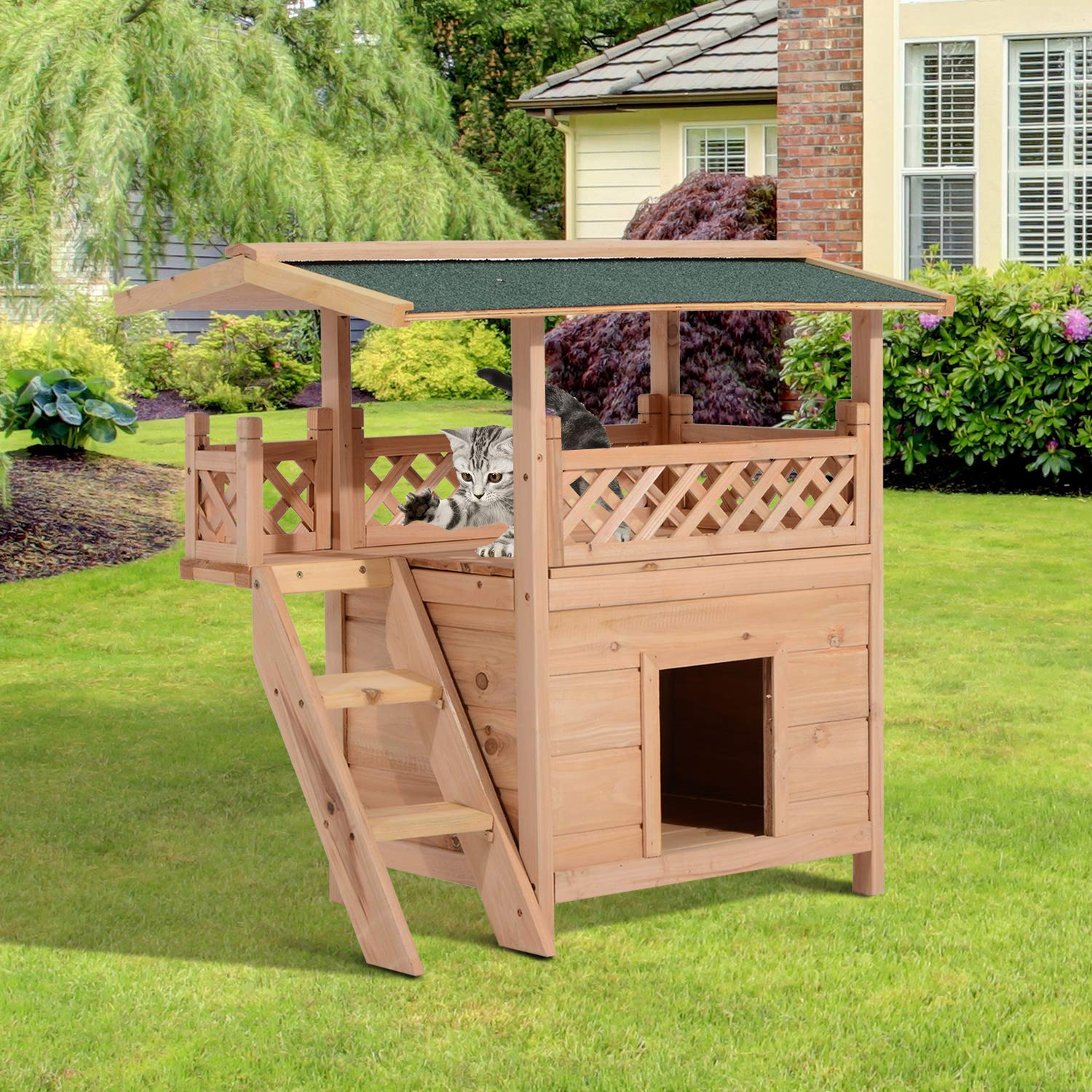 Pawhut 2-Story Indoor/Outdoor Wood Cat House Shelter with Roof