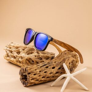 Woodies Zebra Wood Sunglasses with Blue Mirrored Polarized Lens and Real Wooden Frame for Men and Women | 100% UVA/UVB Protection