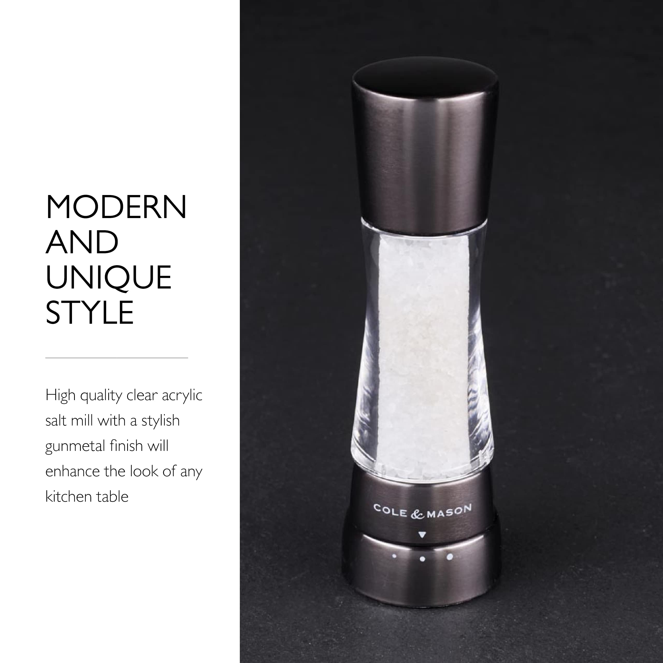 COLE & MASON Derwent Salt Grinder - Gunmetal Mill Includes Gourmet Precision Mechanism and Premium Sea Salt