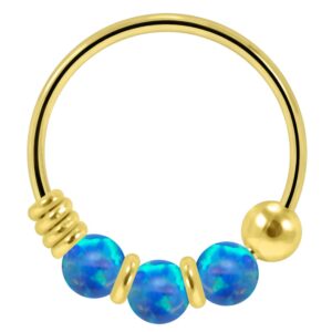 PiercingPoint Triple Blue Opal Stone 9K Solid Yellow Gold 22 Gauge Hoop Nose Ring - Cartilage Hoop - Tiny Nose Hoop - Tragus Ring