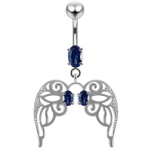 Dark Blue Gemstone Fancy Angel Wings with Floral Dangling Design 925 Sterling Silver with Stainless Steel Belly Button Navel Rings