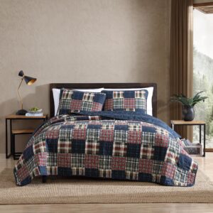 eddie bauer - king quilt set, cotton reversible bedding with matching shams, lightweight home decor for all seasons (madrona navy/red, king)