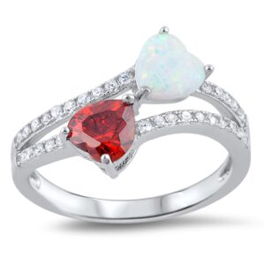 simulated garnet white simulated opal double heart ring .925 sterling silver band size 5