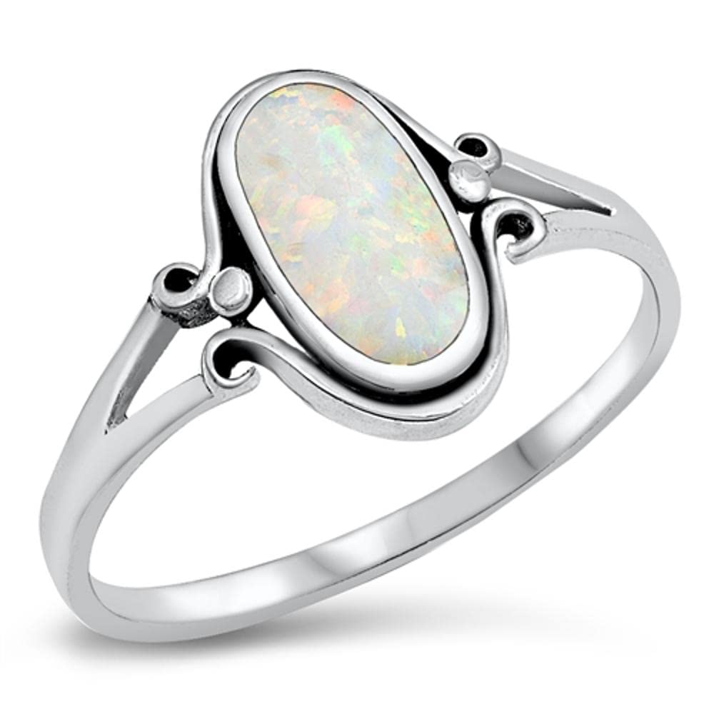 Oval White Simulated Opal Long Wide Ring New .925 Sterling Silver Band Size 9