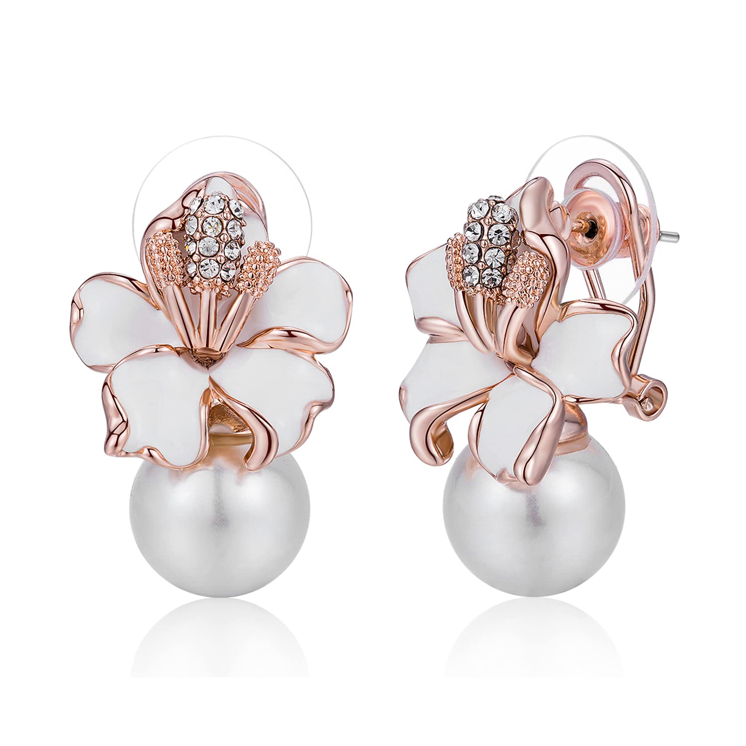 Kemstone Pearl and Flower Stud Earrings Rose Gold Pearl Earrings for Women