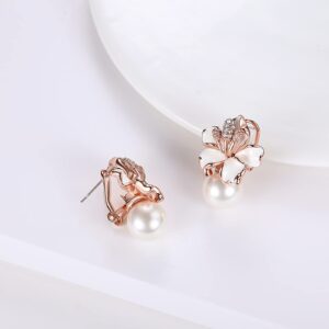 Kemstone Pearl and Flower Stud Earrings Rose Gold Pearl Earrings for Women