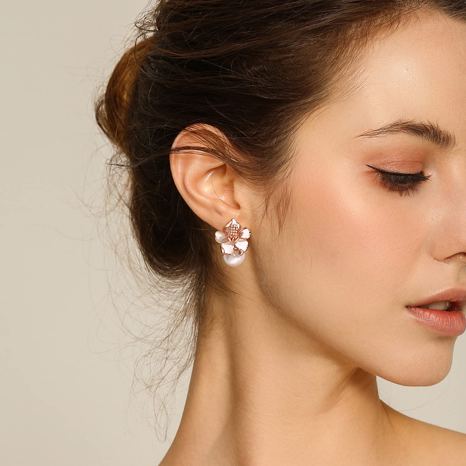 Kemstone Pearl and Flower Stud Earrings Rose Gold Pearl Earrings for Women