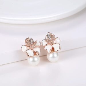 Kemstone Pearl and Flower Stud Earrings Rose Gold Pearl Earrings for Women