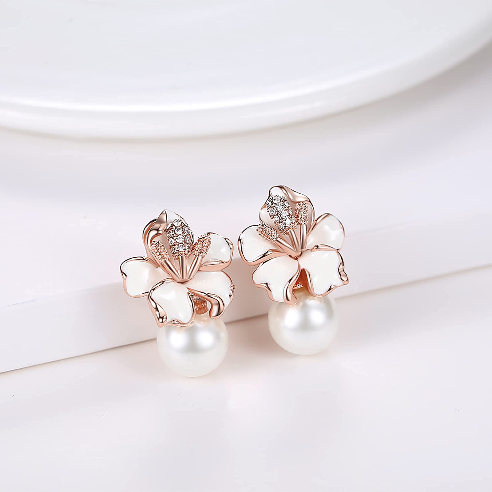 Kemstone Pearl and Flower Stud Earrings Rose Gold Pearl Earrings for Women