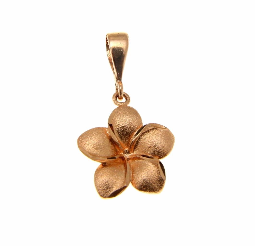 Arthur's Jewelry 14K Solid pink rose gold 19.5mm Hawaiian tropical plumeria flower pendant charm