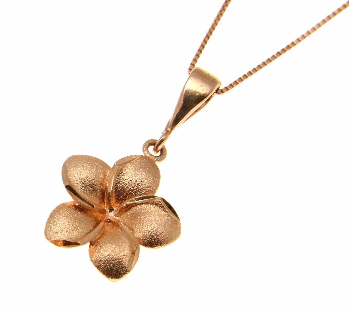 Arthur's Jewelry 14K Solid pink rose gold 19.5mm Hawaiian tropical plumeria flower pendant charm