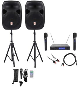 rockville power gig rpg-122k all in one dj/pa package (2) 12" dj/pa speakers 1000 watts peak power/250 watts rms with built in bluetooth, usb/sd player, fm tuner, speaker stands and a wired microphone