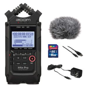 Zoom H4n Pro All Black 4-Track Portable Recorder (2020 Model) with Zoom AD-14 AC Adapter, Windbuster, 16GB Memory Card & USB Cable Bundle