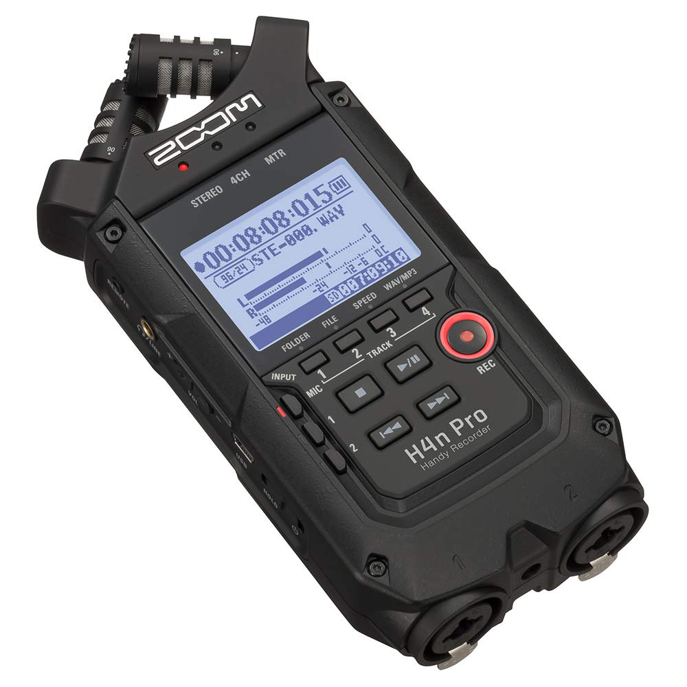 Zoom H4n Pro All Black 4-Track Portable Recorder (2020 Model) with Zoom AD-14 AC Adapter, Windbuster, 16GB Memory Card & USB Cable Bundle