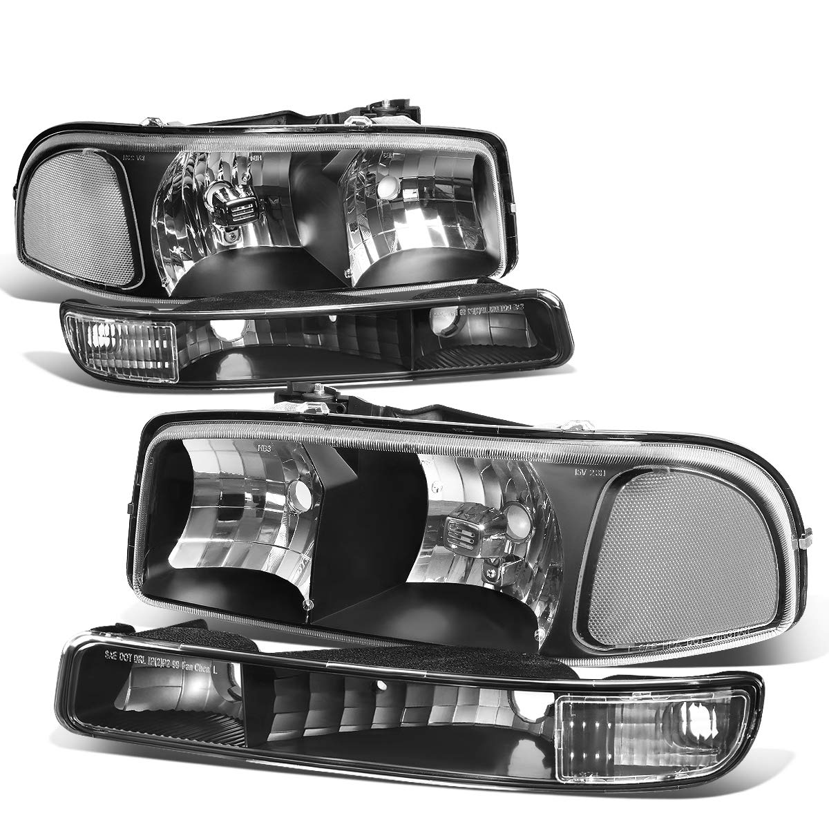 Auto Dynasty 4PCS Factory Style Headlights Assembly and Bumper Lamps Compatible with GMC Sierra Yukon 1500 2500 3500 GMT800 99-07, Driver and Passenger Side, Black Housing Clear Corner