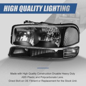 Auto Dynasty 4PCS Factory Style Headlights Assembly and Bumper Lamps Compatible with GMC Sierra Yukon 1500 2500 3500 GMT800 99-07, Driver and Passenger Side, Black Housing Clear Corner