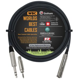 10 foot - gotham gac-4/1 star-quad stereo headphone extension cable & neutrik trs plug to neutrik-rean ¼ inch 3-pole jack + 3.5 mm plug to ¼ inch jack adapter - custom made by worlds best cables