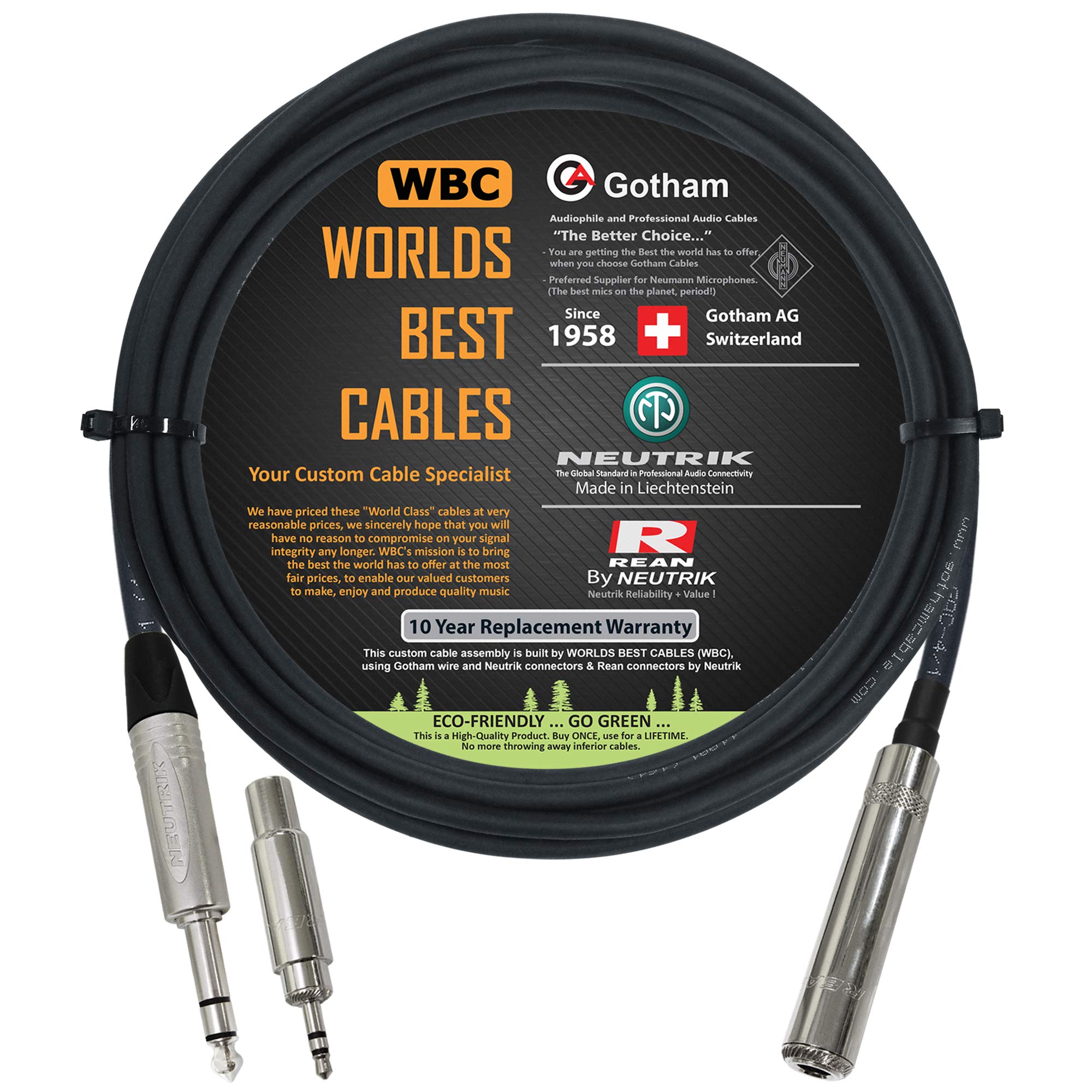 10 Foot - Gotham GAC-4/1 Star-Quad Stereo Headphone Extension Cable & Neutrik TRS Plug to Neutrik-Rean ¼ inch 3-Pole Jack + 3.5 mm Plug to ¼ inch Jack Adapter - Custom Made by WORLDS BEST CABLES