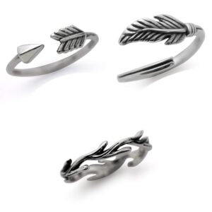 Silvershake 925 Sterling Silver Feather Arrow and Wood Texture 3 Pieces Set Knuckle Midi Ring