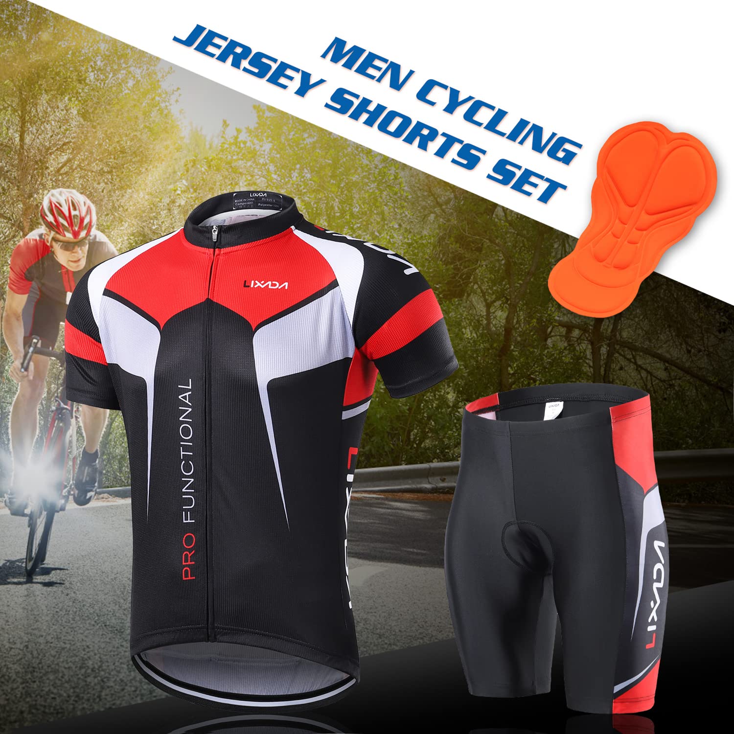 Lixada Men's Cycling Jersey Set Bicycle Short Sleeve Set Quick-Dry Breathable Shirt+3D Cushion Shorts Padded Pants