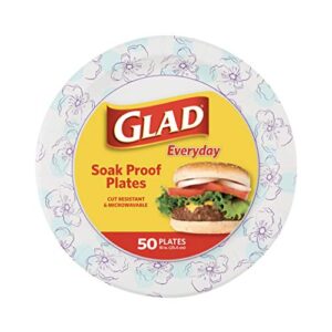 glad round disposable paper plates 10 in, blue flower|soak proof, cut proof, microwave safe heavy duty paper plates for parties|50 count bulk paper plates 10 inch